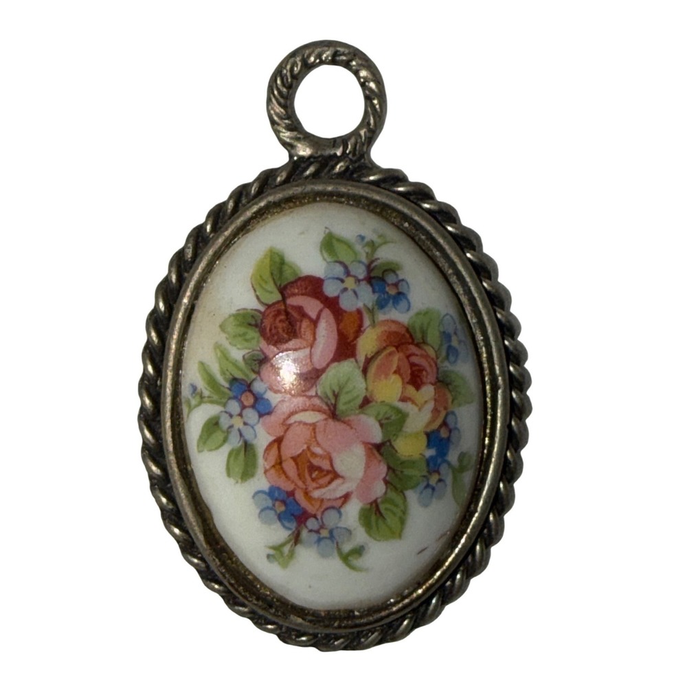 Vtg Limoges France Porcelain‎ Floral Pendant Pink Rose Oval Silver Tone Charm